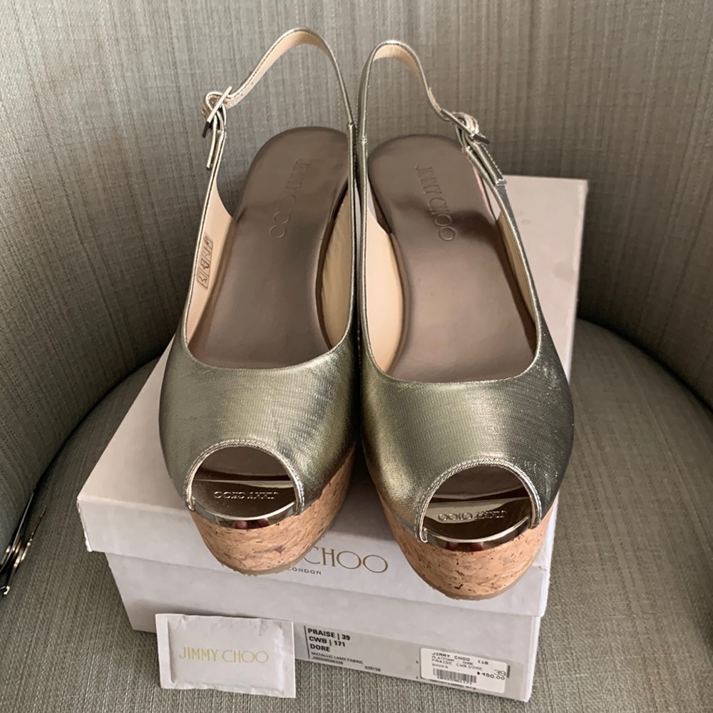 Jimmy Choo “Praise” platform slingback. Gold lame. Cork wedge bottom. Size 39.